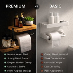 Billtix Wooden Toilet Roll Holder With Shelf Wall Mounted, Wood Toilet Paper Holder, Bathroom Tissue Holder Storage Shelf Rack - thumbnail 6