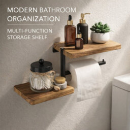 Billtix Wooden Toilet Roll Holder With Shelf Wall Mounted, Wood Toilet Paper Holder, Bathroom Tissue Holder Storage Shelf Rack - thumbnail 3
