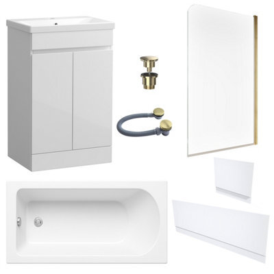 FNX Bathrooms Waterproof 500mm Vanity Unit With Single Ended Bath, Gloss White Panels, Brushed Brass Screen, Bath & Universal Basin Waste - image 1