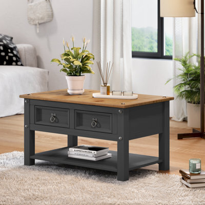 Mercers Furniture Corona Charcoal 2 Drawer 1 Shelf Coffee Table Solid Wood Pine Wooden Painted Dark Grey With Mexican Styling - image 1