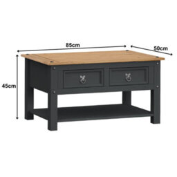 Mercers Furniture Corona Charcoal 2 Drawer 1 Shelf Coffee Table Solid Wood Pine Wooden Painted Dark Grey With Mexican Styling - thumbnail 4
