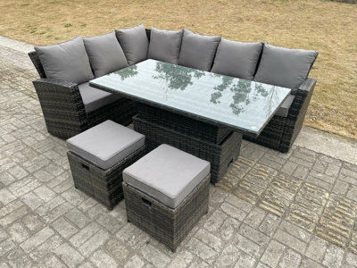 Fimous High Back Rattan Garden Furniture Corner Sofa Sets Adjustable Rising Lifting Table Dark Mixed Grey 8 Seater With Stools - image 1