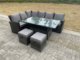 Fimous High Back Rattan Garden Furniture Corner Sofa Sets Adjustable Rising Lifting Table Dark Mixed Grey 8 Seater With Stools - thumbnail 4