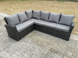 Fimous High Back Rattan Garden Furniture Corner Sofa Sets Adjustable Rising Lifting Table Dark Mixed Grey 8 Seater With Stools - thumbnail 5