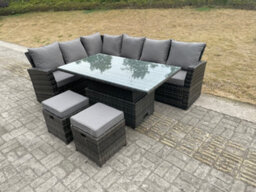 Fimous High Back Rattan Garden Furniture Corner Sofa Sets Adjustable Rising Lifting Table Dark Mixed Grey 8 Seater With Stools - thumbnail 3