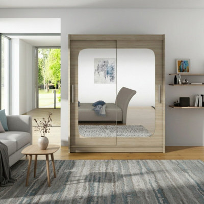 Westa Xii 150Cm Sliding Door Wardrobe With Mirrors Modern Bedroom Storage With Hanging Rails And Shelves Sonoma - image 1