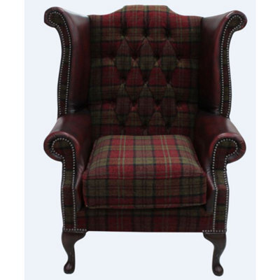 Chesterfield High Back Wing Chair Lana Terracotta Fabric Antique Oxblood Real Leather In Queen Anne Style - image 1