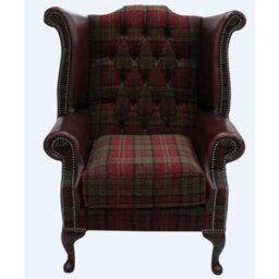 Chesterfield High Back Wing Chair Lana Terracotta Fabric Antique Oxblood Real Leather In Queen Anne Style