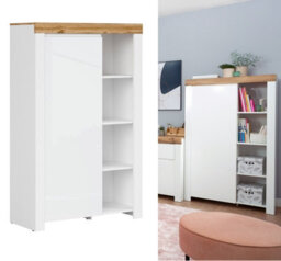Impact Furniture Slim Shelving Bookcase Unit Soft Close Door 156Cm White Gloss Oak Effect Holten