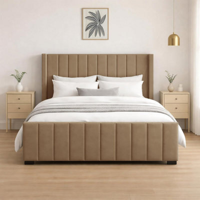Naples Upholstered Mink Vertical Line Double Bed Frame, Modern Luxury Floor-Standing Headboard & Footboard - image 1