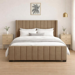 Naples Upholstered Mink Vertical Line Double Bed Frame, Modern Luxury Floor-Standing Headboard & Footboard - thumbnail 1