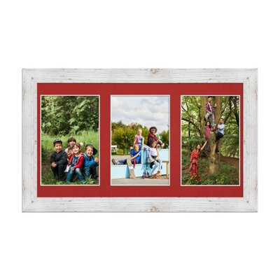 AK Frames 40X20Cm White Rustic Modern Multi Photo Frame With Crimson Mount - Holds 3 Apertures (3X) 6X4 Photos - image 1