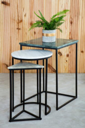 Orsina Set Of 3 Marble Top Side Tables Set, Square, Circle, Triangle End Tables, Black Powder Coated Frame - thumbnail 2