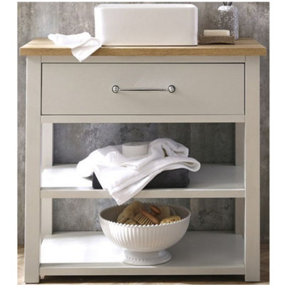 Homestylestore Antique White And Oak 840mm Bathroom Cloakroom Vanity Unit With Square Countertop Basin And Chrome T Bar Handles - image 1