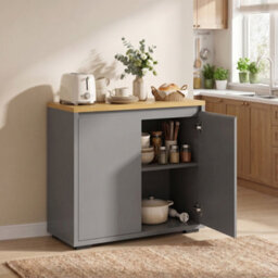 Homcom Kitchen Sideboard, Storage Cabinet With Double Doors, Grey - thumbnail 2