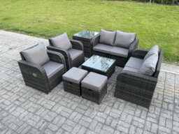 Fimous 8 Seater Rattan Sofa Set Outdoor Garden Furniture Set With Square Coffee Table Loveseat Sofa Reclining Chairs Side Table - thumbnail 2