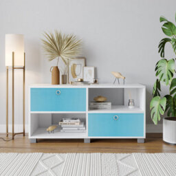 Urbn-Living Urbnliving 47Cm Height White Wooden Tv Unit Stand Media Cabinet 2 Sky Blue Fabric Storage Drawers - thumbnail 2