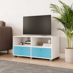 Urbn-Living Urbnliving 47Cm Height White Wooden Tv Unit Stand Media Cabinet 2 Sky Blue Fabric Storage Drawers