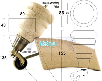 L&F Wood Furniture Feet 2X With Castors 2X Curved Back Replacement Legs For Sofas Chairs Stools Settees M8 Rjb165 - image 1