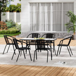 Breeins Black 7Pcs Outdoor Garden Furniture Set Dining Set 150 Cm Tempered Glass Table Stacking Chair For Garden Patio - thumbnail 3