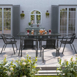Breeins Black 7Pcs Outdoor Garden Furniture Set Dining Set 150 Cm Tempered Glass Table Stacking Chair For Garden Patio - thumbnail 2