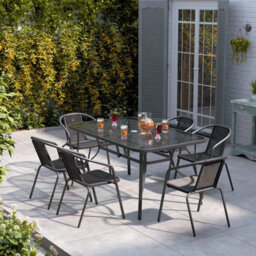 Breeins Black 7Pcs Outdoor Garden Furniture Set Dining Set 150 Cm Tempered Glass Table Stacking Chair For Garden Patio - thumbnail 1