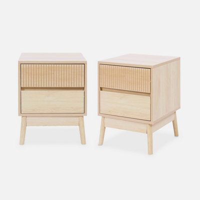 Sweeek - Pair Of Grooved Bedside Tables With Wooden Effect Linear Natural 39X40X48 Cm - image 1