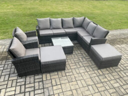 Fimous 10 Seat Rattan Garden Furniture Corner Sofa Set Outdoor Patio Sofa Table Set With 2 Big Footstool 2 Armchairs - thumbnail 1
