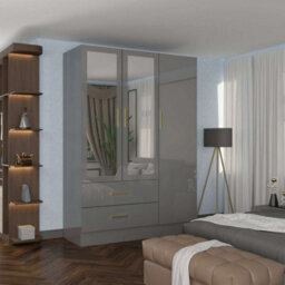 Sliding Wardrobes 4 u LTD Modern High Gloss Hinged Wardrobe With Mirror - 2, 3 Or 4 Doors And Built-In Drawers (Grey, 120Cm)