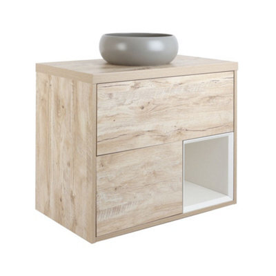 Homestylestore Light Oak 800mm Led Lit Wall Hung Bathroom Vanity Unit Round Pebble Countertop Basin Open Shelf - image 1