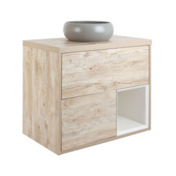 Homestylestore Light Oak 800mm Led Lit Wall Hung Bathroom Vanity Unit Round Pebble Countertop Basin Open Shelf - thumbnail 1