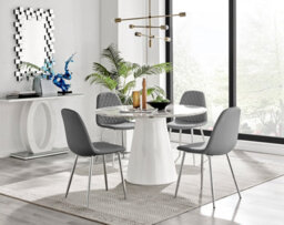 Furniturebox Palma White Marble Effect Round 4-6 Seater Pedestal Dining Table & 4 Grey Corona Faux Leather Silver Leg Chairs