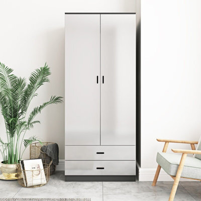 Urbn-Living Urbnliving Height 180Cm Glossy Black Carcass & White Drawers Tall 2 Door Wardrobe Bedroom Storage Hanging Rail Modern Furniture - image 1