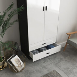 Urbn-Living Urbnliving Height 180Cm Glossy Black Carcass & White Drawers Tall 2 Door Wardrobe Bedroom Storage Hanging Rail Modern Furniture - thumbnail 3