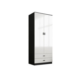 Urbn-Living Urbnliving Height 180Cm Glossy Black Carcass & White Drawers Tall 2 Door Wardrobe Bedroom Storage Hanging Rail Modern Furniture - thumbnail 5
