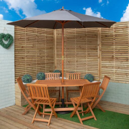 Samuel Alexander Outdoor 6 Person Folding Rectangular Wooden Garden Dining Table Chairs Grey Parasol And Base Set