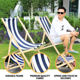 Novecrafto Classic Folding Wood Deck Chairs Set Of 4 - Adjustable Deck Chair For Beach/garden - Seaside Lounger With Navy Blue Canvas Fabric - thumbnail 2