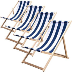 Novecrafto Classic Folding Wood Deck Chairs Set Of 4 - Adjustable Deck Chair For Beach/garden - Seaside Lounger With Navy Blue Canvas Fabric - thumbnail 1
