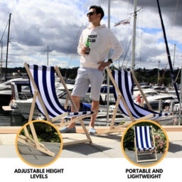 Novecrafto Classic Folding Wood Deck Chairs Set Of 4 - Adjustable Deck Chair For Beach/garden - Seaside Lounger With Navy Blue Canvas Fabric - thumbnail 4