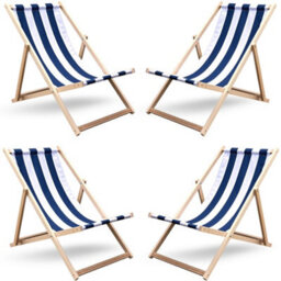 Novecrafto Classic Folding Wood Deck Chairs Set Of 4 - Adjustable Deck Chair For Beach/garden - Seaside Lounger With Navy Blue Canvas Fabric - thumbnail 9