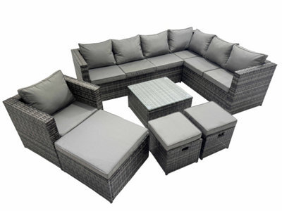 Fimous Outdoor Pe Rattan Garden Furniture Sofa Set With Square Coffee Table Chair 3 Stools Dark Grey - image 1