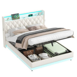 Btm Beige King Size Bed 5Ft Linen Upholstered Frame With Hydraulic Storage Led Button Tufted Headboard Usb Type C - thumbnail 9