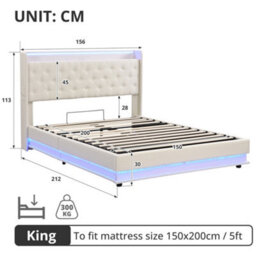 Btm Beige King Size Bed 5Ft Linen Upholstered Frame With Hydraulic Storage Led Button Tufted Headboard Usb Type C - thumbnail 8