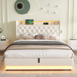 Btm Beige King Size Bed 5Ft Linen Upholstered Frame With Hydraulic Storage Led Button Tufted Headboard Usb Type C - thumbnail 1