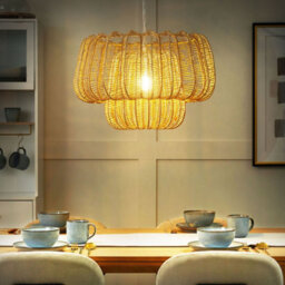 Wyld And Coco Japandi Pendant Lamp, Handcrafted Beige Paper Rope Shade, Geometric Cage, Adjustable Height - thumbnail 2