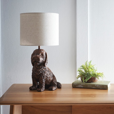 K Living Puppy Animal Table Lamp In Antique Copper With Linen Shade Elegant Lighting - image 1