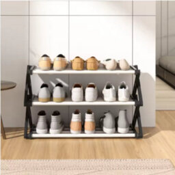 Black Foldable 3Tiers Metal Shoe Rack For Closet Entrayway Living Room