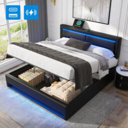 Matteo Black Faux Leather King Size Bed Frame With Ottoman Storage, Led Headboard & Usb Ports - thumbnail 1