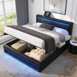 Matteo Black Faux Leather King Size Bed Frame With Ottoman Storage, Led Headboard & Usb Ports - thumbnail 2