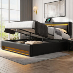 Matteo Black Faux Leather King Size Bed Frame With Ottoman Storage, Led Headboard & Usb Ports - thumbnail 4